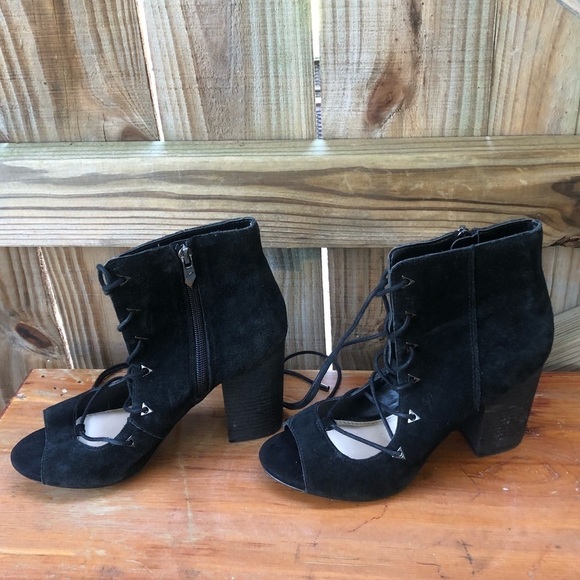 Fergie Black Suede Riviera Open Toe Lace-Up Stacked Heel Booties - Picture 2 of 10